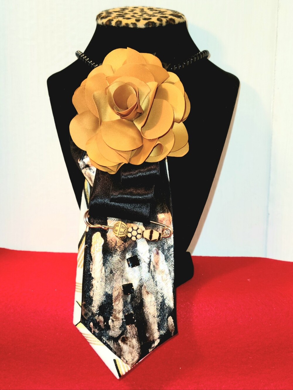 Gold Floral Statement Necklace with Black Satin Accent